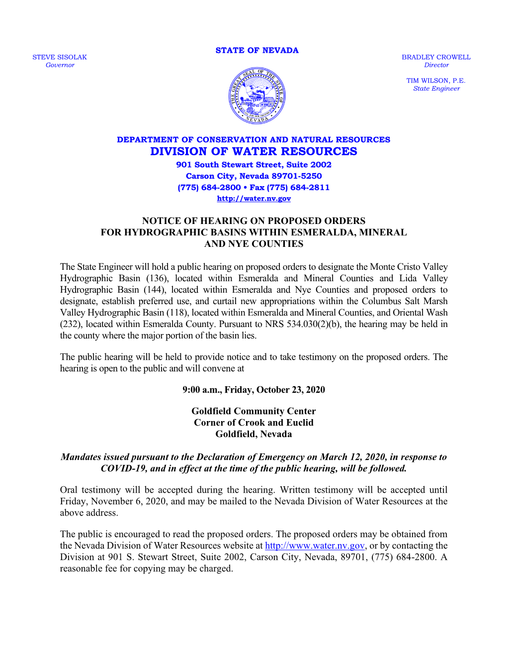 Notice of Hearing on Proposed Orders for Hydrographic Basins Within Esmeralda, Mineral and Nye Counties