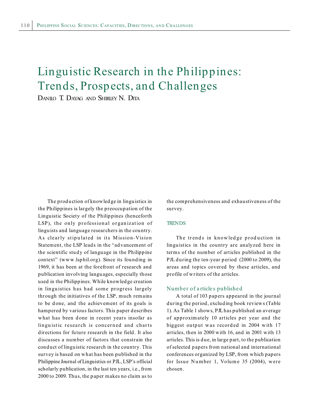 Linguistic Research in the Philippines: Trends, Prospects, and Challenges DANILO T
