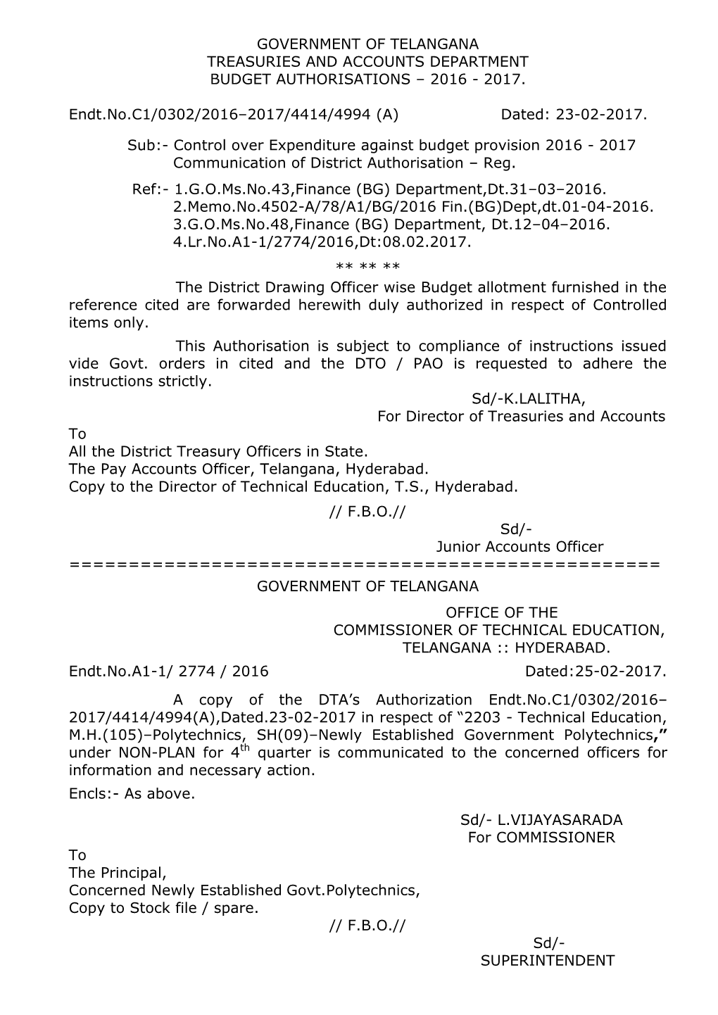 Government of Telangana Treasuries and Accounts Department Budget Authorisations – 2016 - 2017