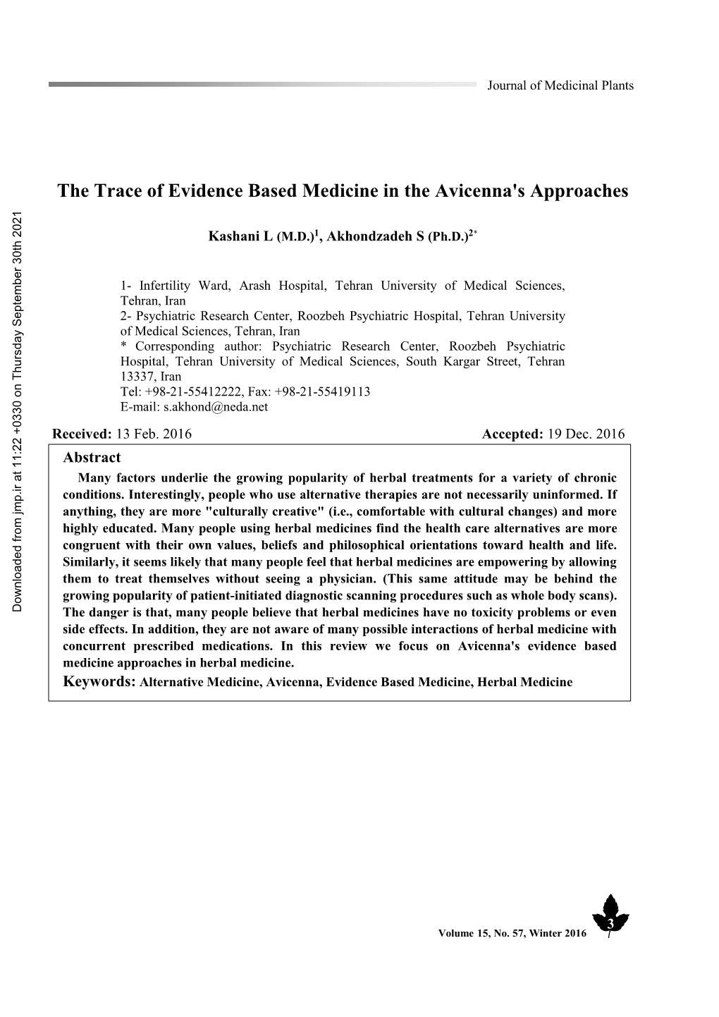 The Trace of Evidence Based Medicine in Avicenna's Approaches