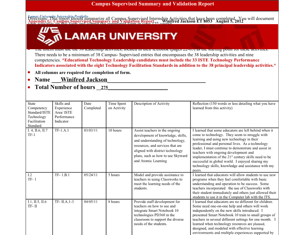 Lamar University Internship Portfolio