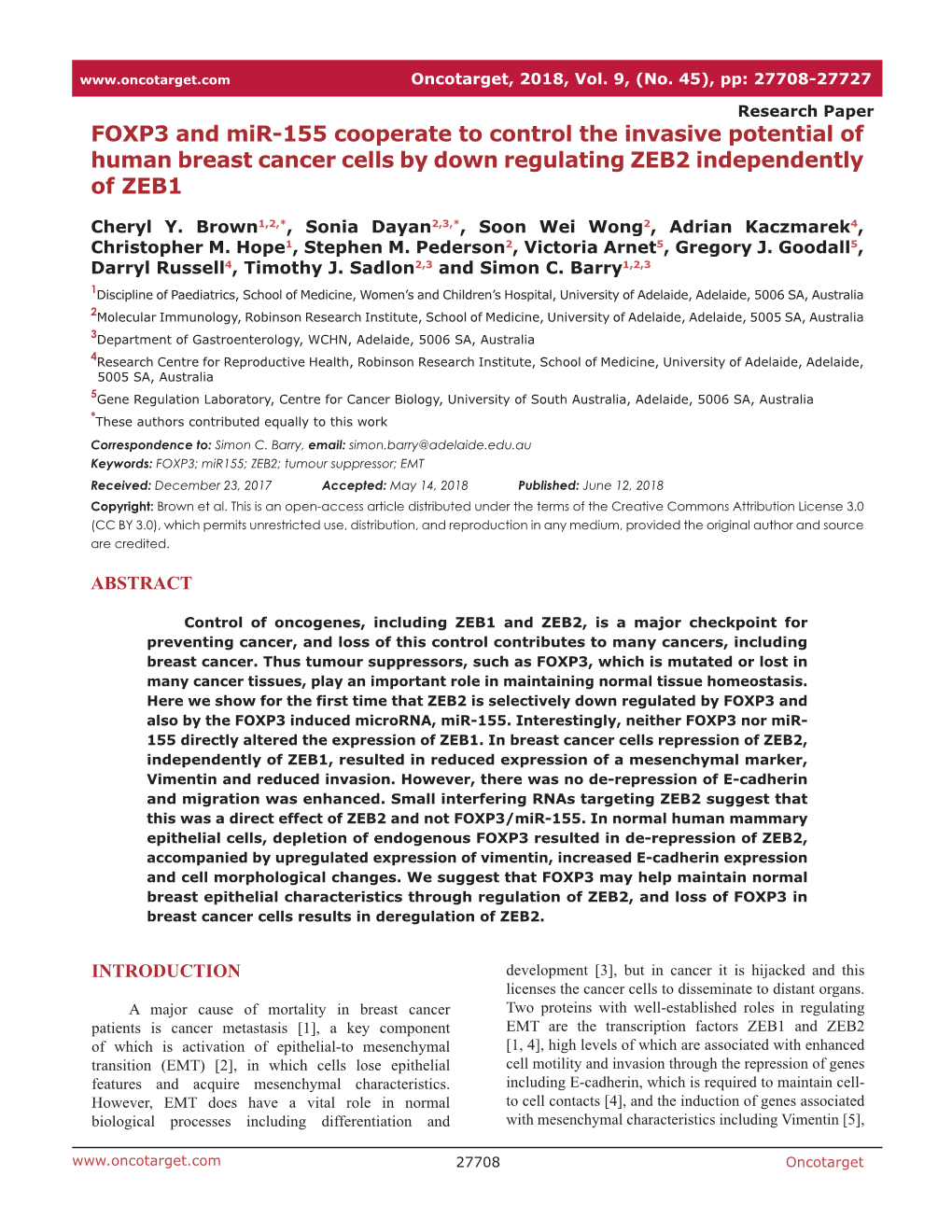 FOXP3 and Mir-155 Cooperate to Control the Invasive Potential of Human Breast Cancer Cells by Down Regulating ZEB2 Independently of ZEB1