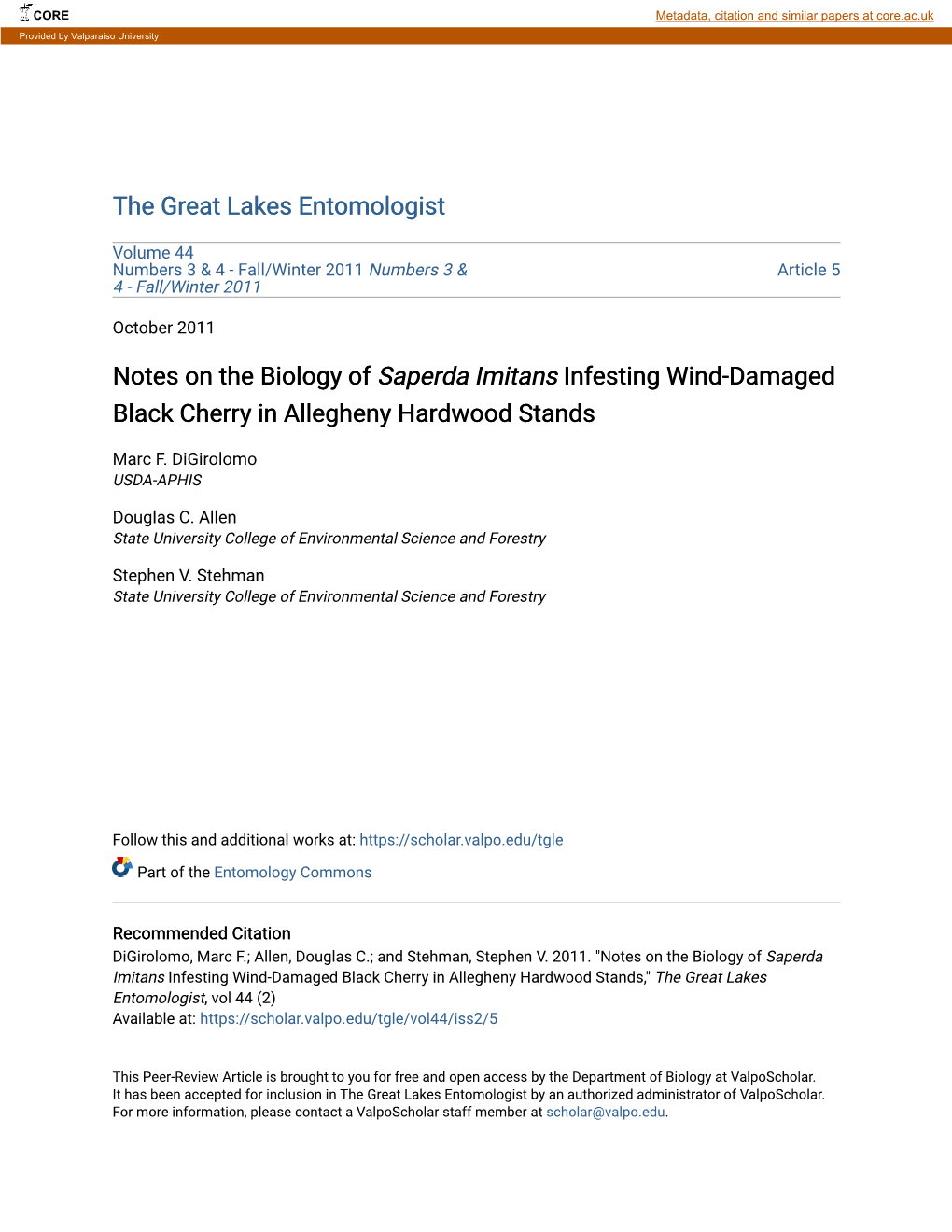 Notes on the Biology of Saperda Imitans Infesting Wind-Damaged Black Cherry in Allegheny Hardwood Stands