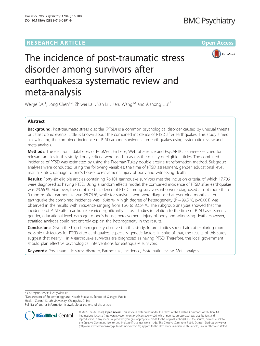 The Incidence of Post-Traumatic Stress Disorder Among Survivors After Earthquakes:A Systematic Review and Meta-Analysis