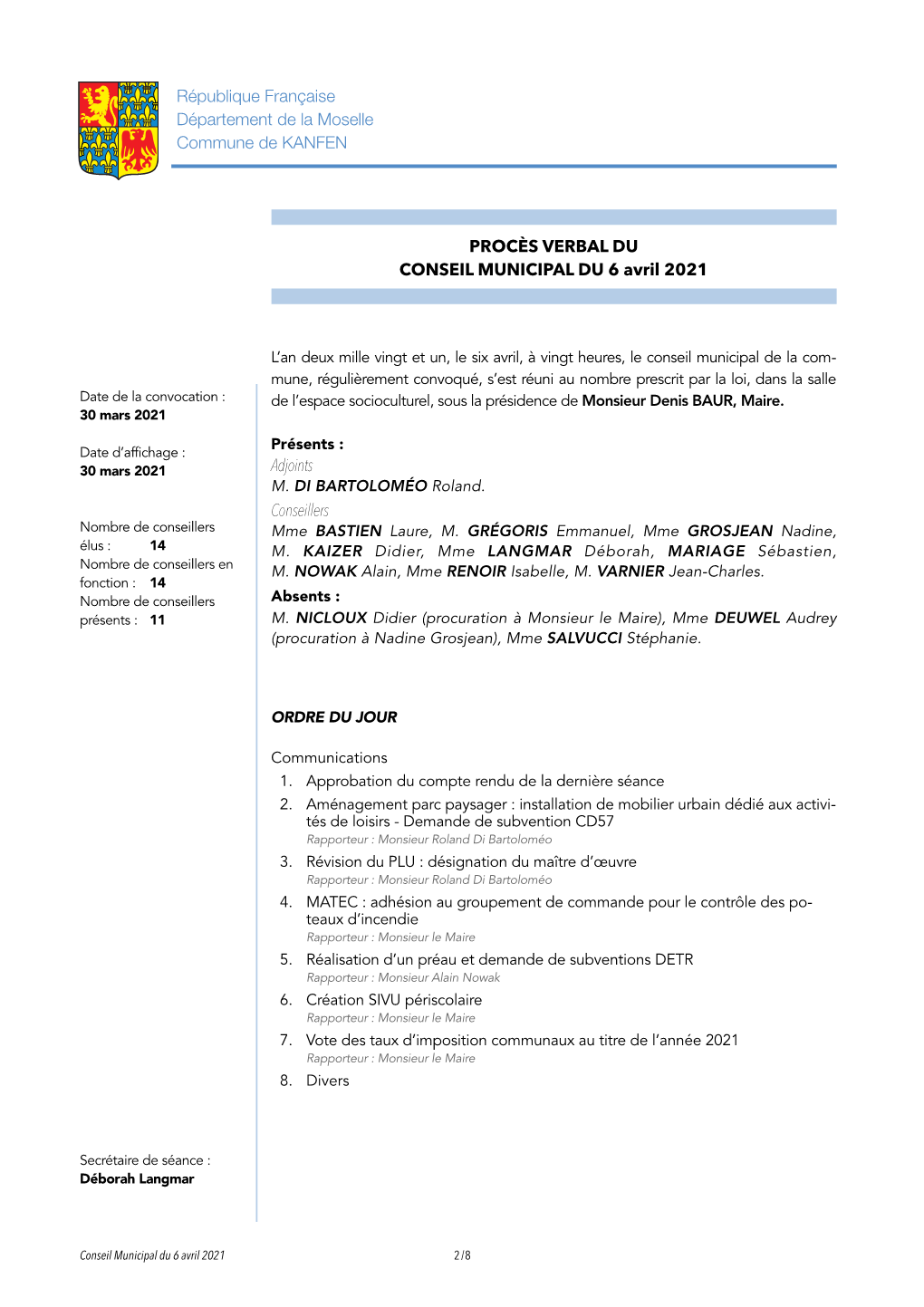 PROCÈS VERBAL DU CONSEIL MUNICIPAL DU 6 Avril 2021