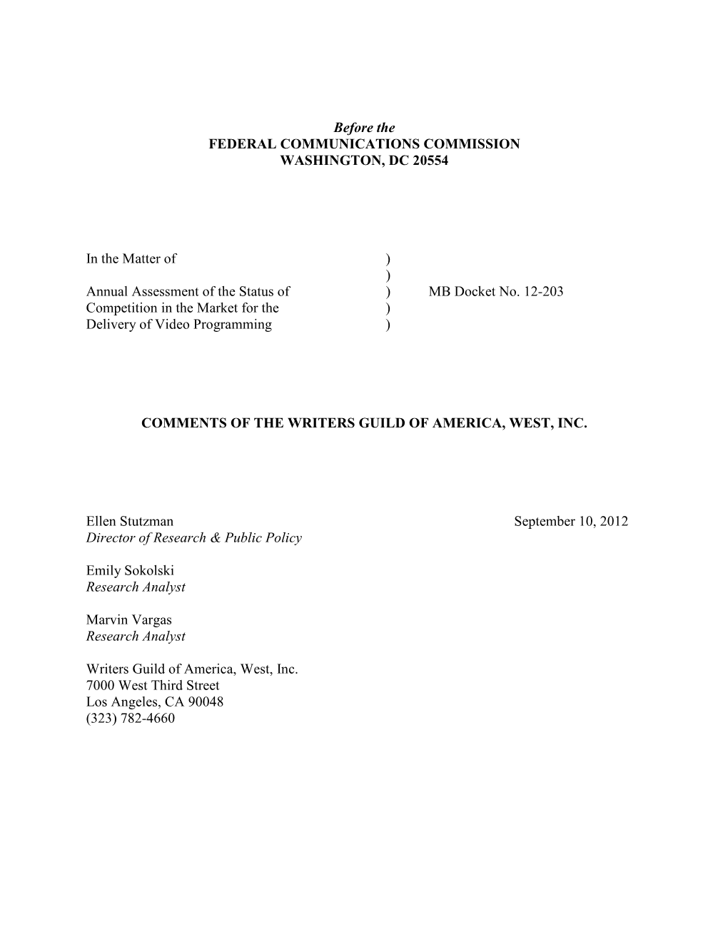 WGAW Comments MB Docket No 12-203