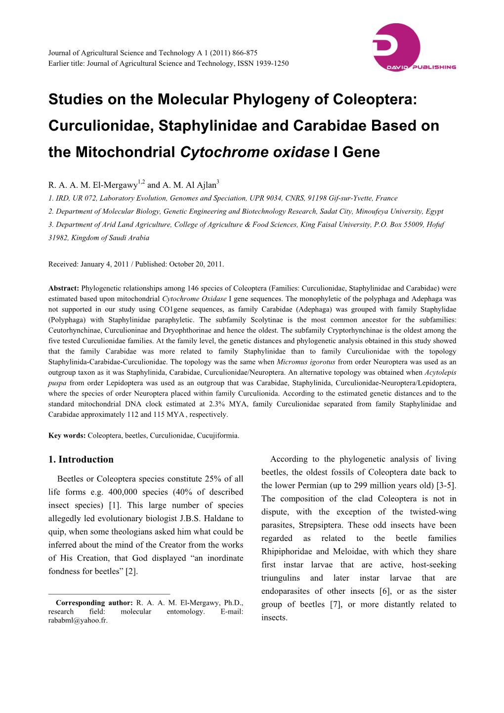 Studies on the Molecular Phylogeny of Coleoptera: Curculionidae, Staphylinidae and Carabidae Based on the Mitochondrial Cytochrome Oxidase I Gene