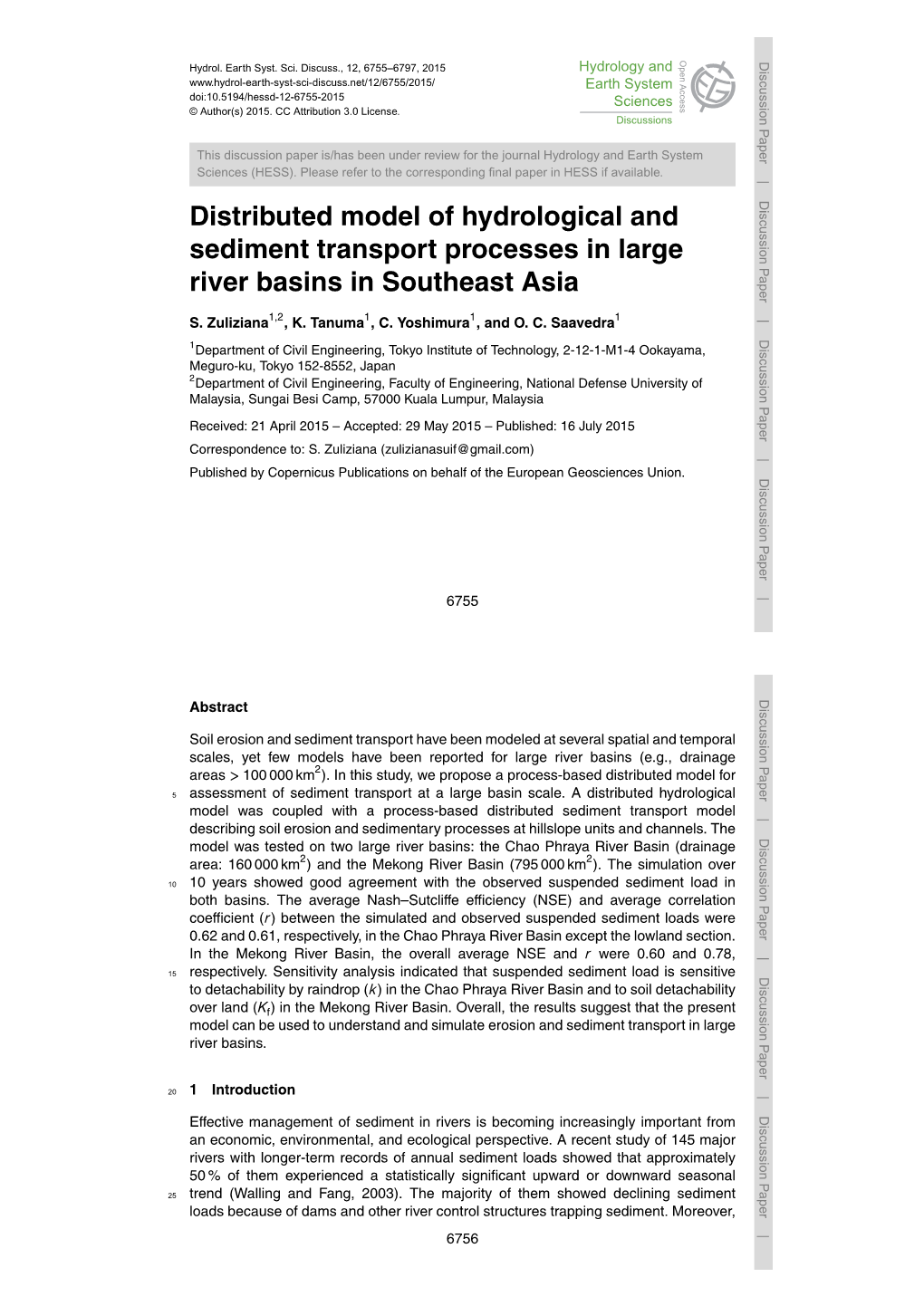 Distributed Model of Hydrological and Sediment Transport Processes in Large River Basins in Southeast Asia S