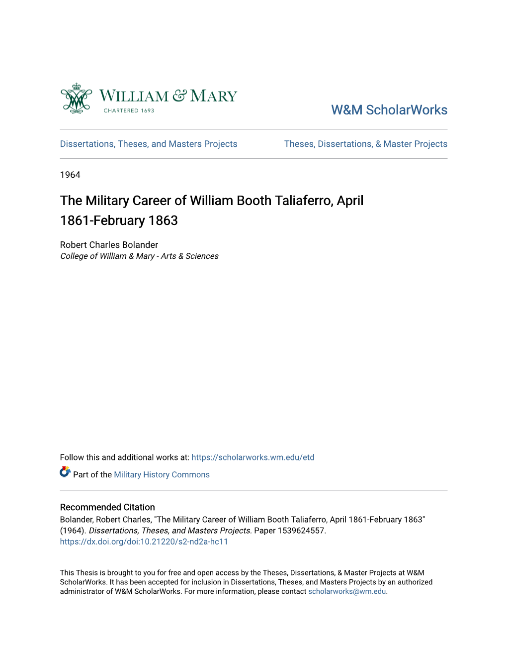 The Military Career of William Booth Taliaferro, April 1861-February 1863