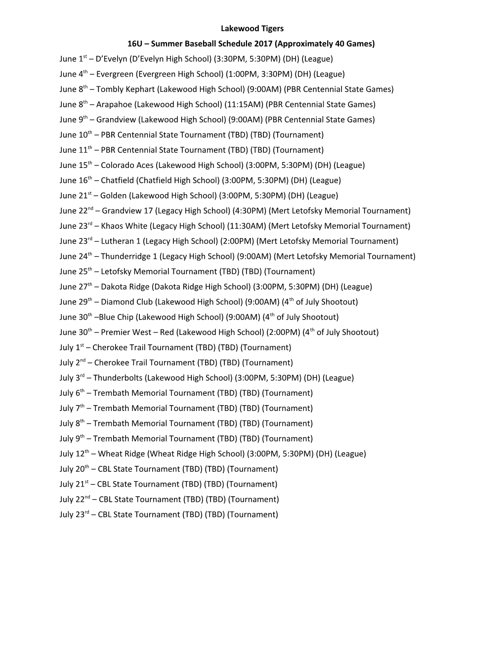 16U Summer Baseball Schedule 2017 (Approximately 40 Games)