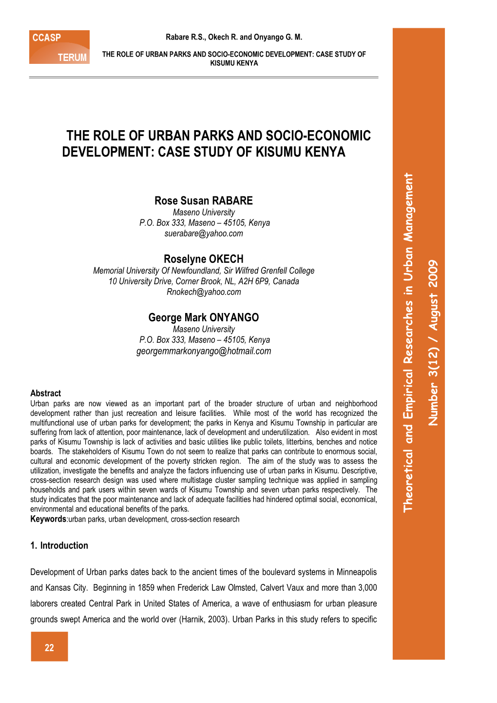 The Role of Urban Parks and Socio-Economic Development: Case Study of Kisumu Kenya