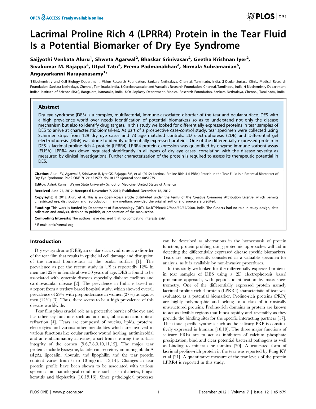 Protein in the Tear Fluid Is a Potential Biomarker of Dry Eye Syndrome