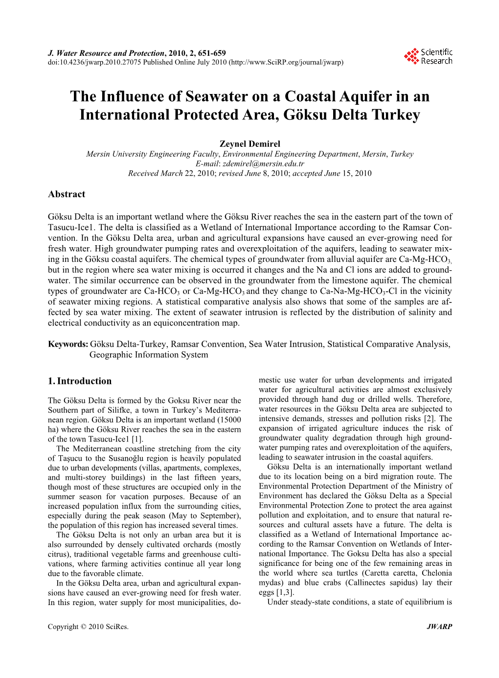 The Influence of Seawater on a Coastal Aquifer in an International Protected Area, Göksu Delta Turkey