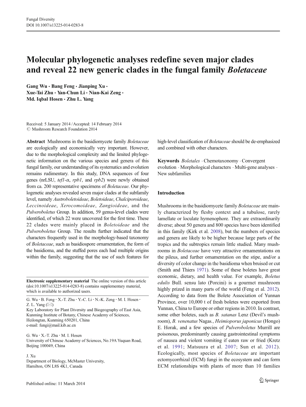 Molecular Phylogenetic Analyses Redefine Seven Major Clades and Reveal 22 New Generic Clades in the Fungal Family Boletaceae