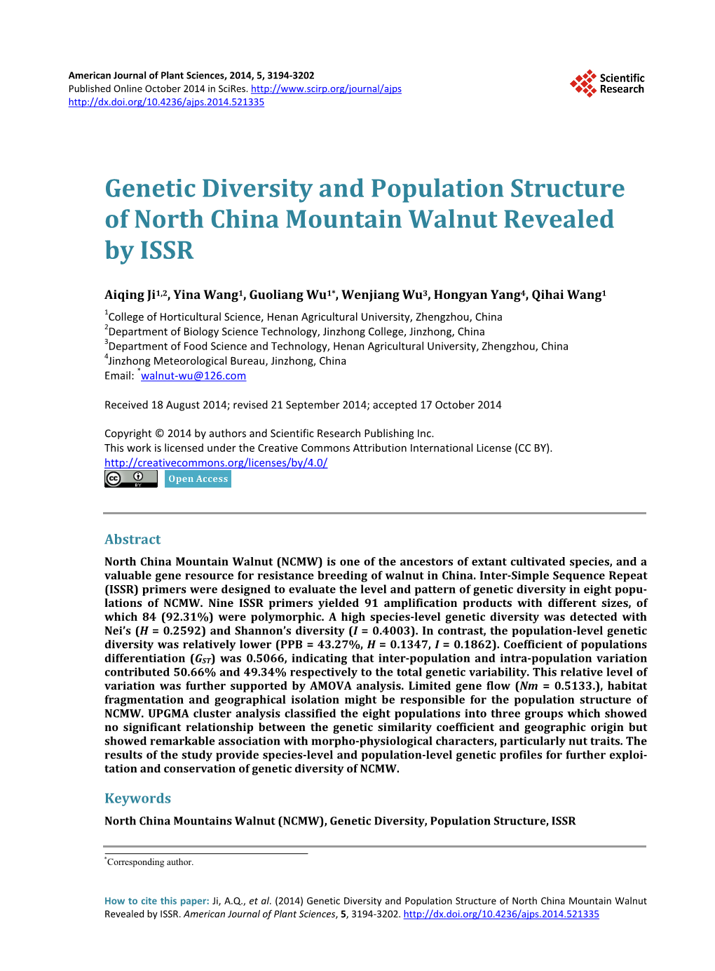 Genetic Diversity and Population Structure of North China Mountain Walnut Revealed by ISSR