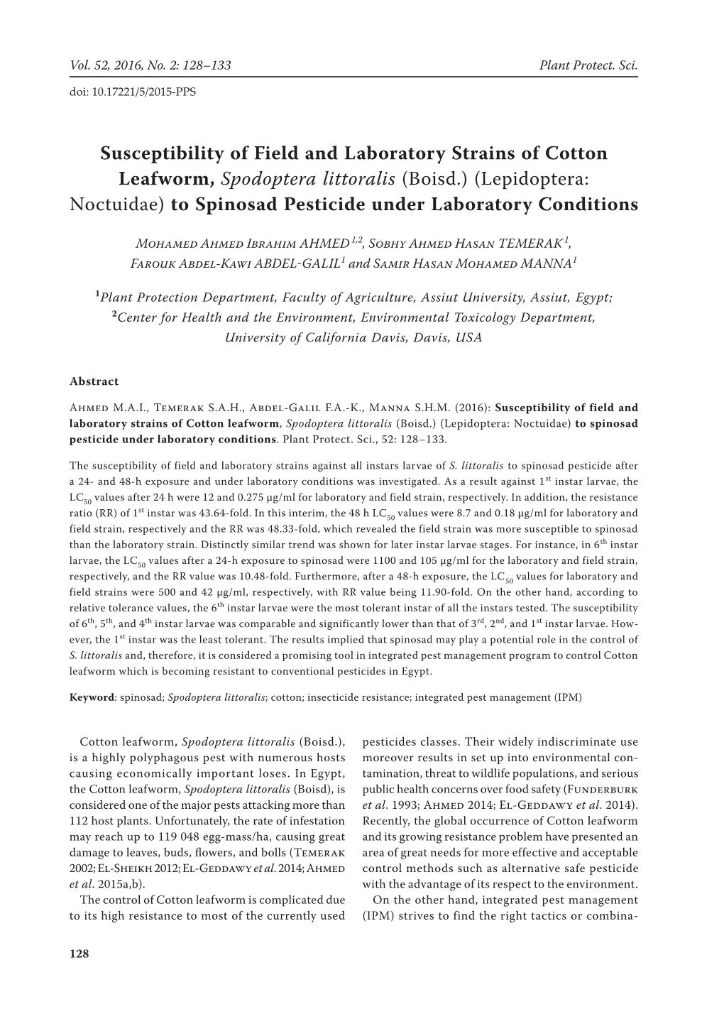 Susceptibility of Field and Laboratory Strains of Cotton Leafworm, Spodoptera Littoralis (Boisd.) (Lepidoptera: Noctuidae) to Sp