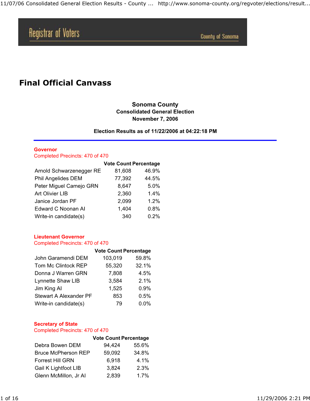 11/07/06 Consolidated General Election Results - County