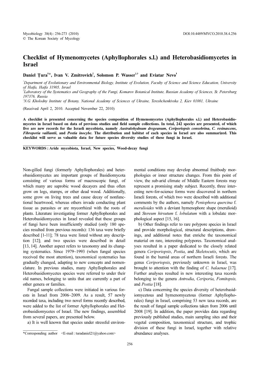Checklist of Hymenomycetes (Aphyllophorales S.L.) and Heterobasidiomycetes in Israel