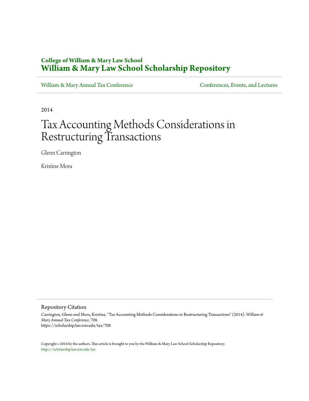 Tax Accounting Methods Considerations in Restructuring Transactions Glenn Carrington