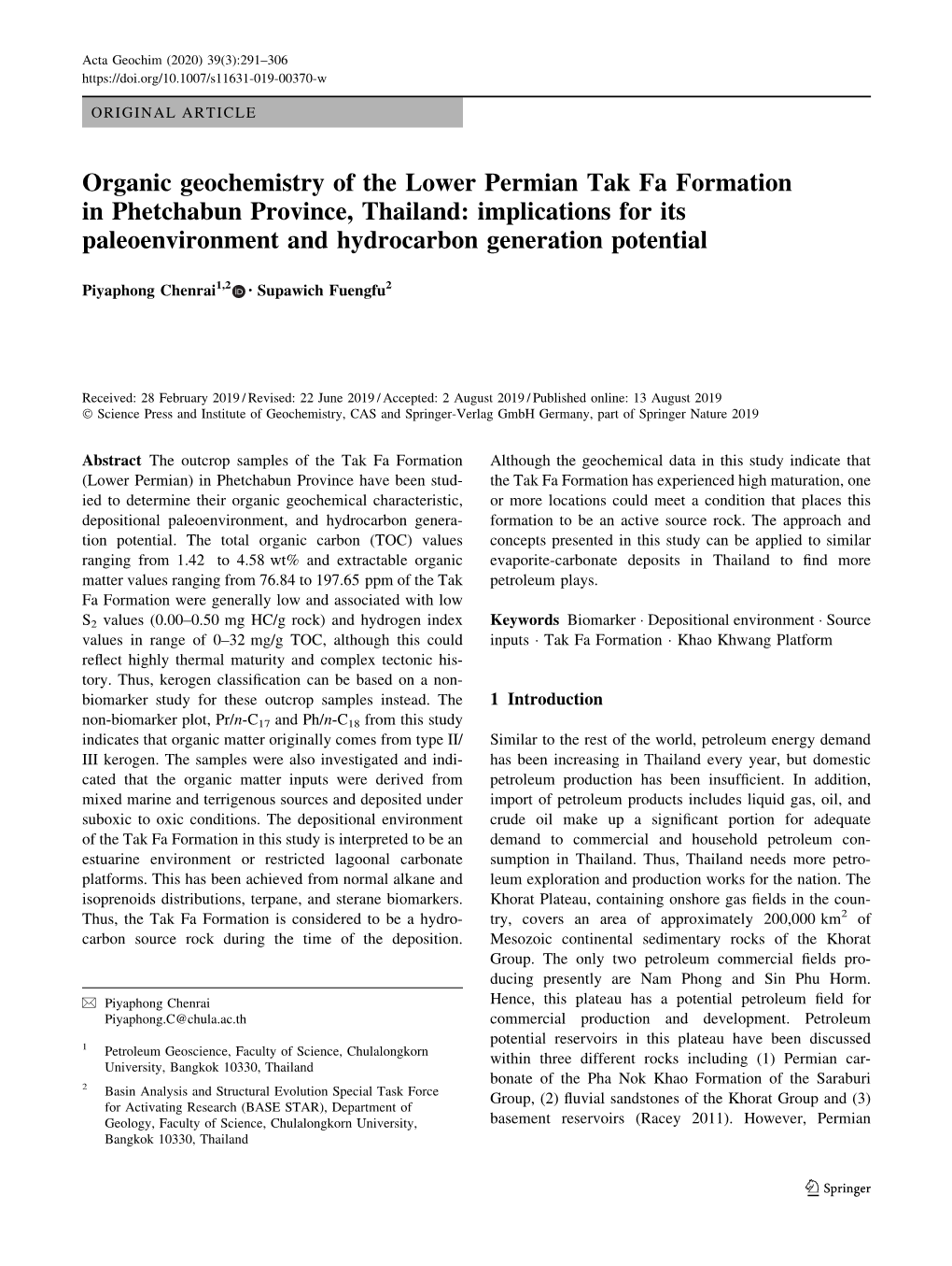 Organic Geochemistry of the Lower Permian Tak Fa Formation In