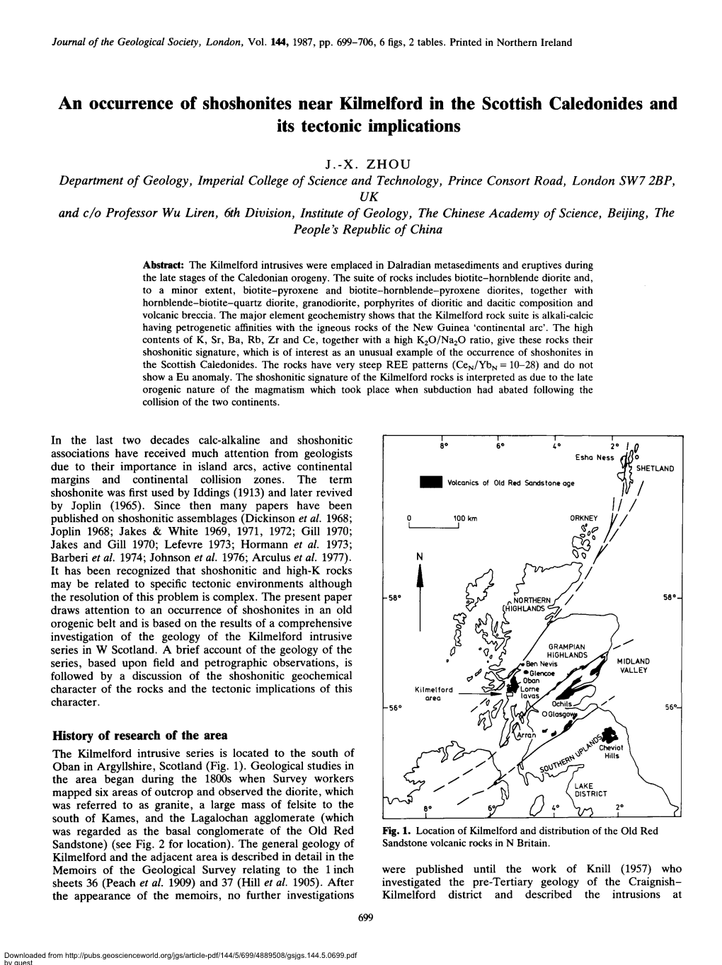 An Occurrence of Shoshonites Near Kilmelford in the Scottish Caledonides and Its Tectonic Implications