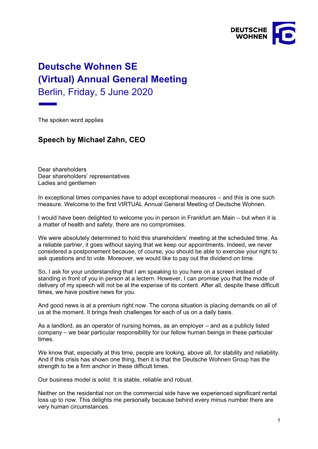 Deutsche Wohnen SE (Virtual) Annual General Meeting Berlin, Friday, 5 June 2020