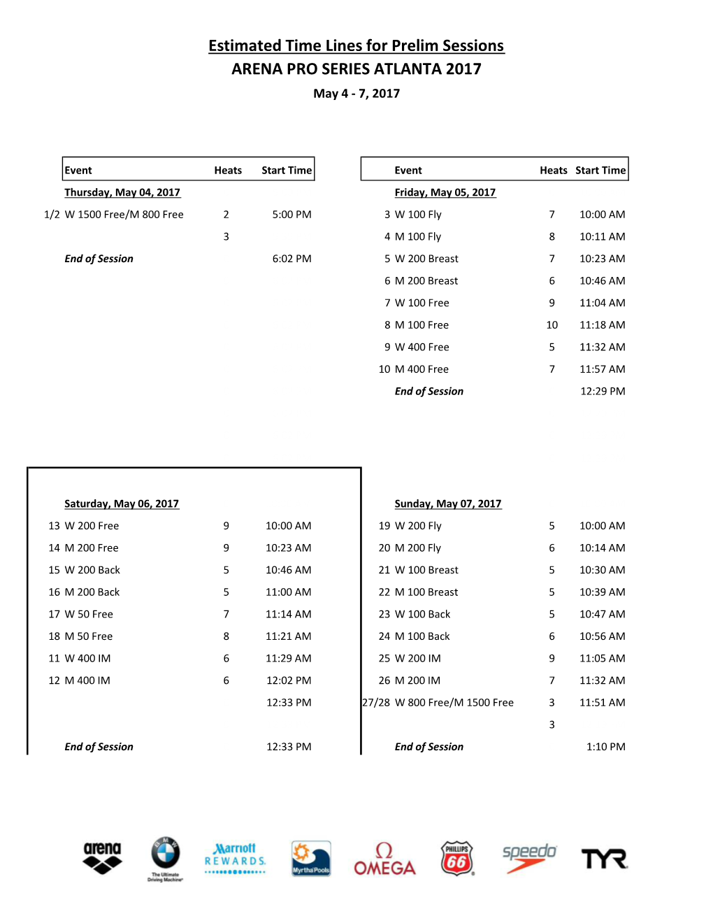 Estimated Time Lines for Prelim Sessions ARENA PRO SERIES ATLANTA 2017 May 4 - 7, 2017