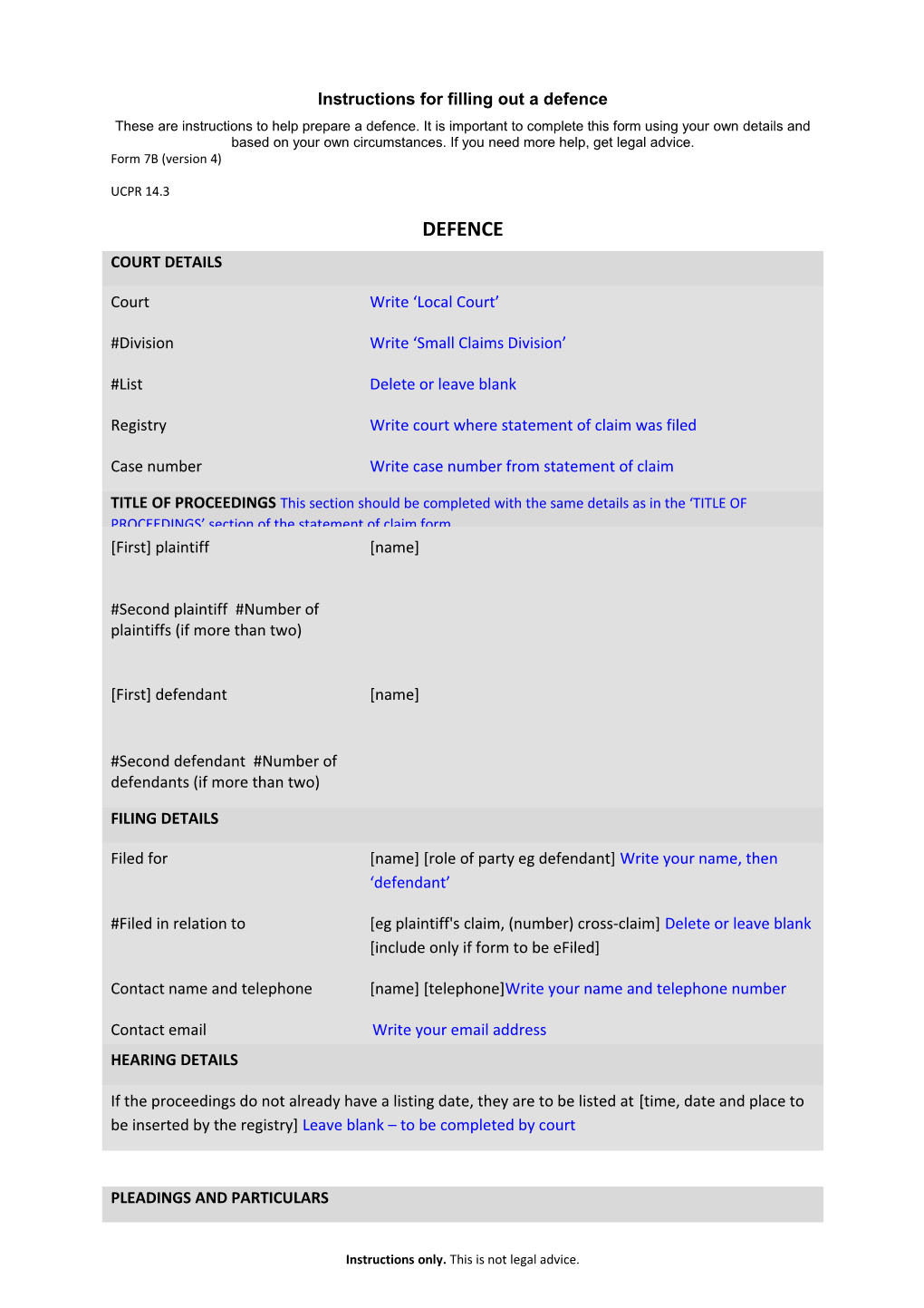 Instructions for Filling out a Defence
