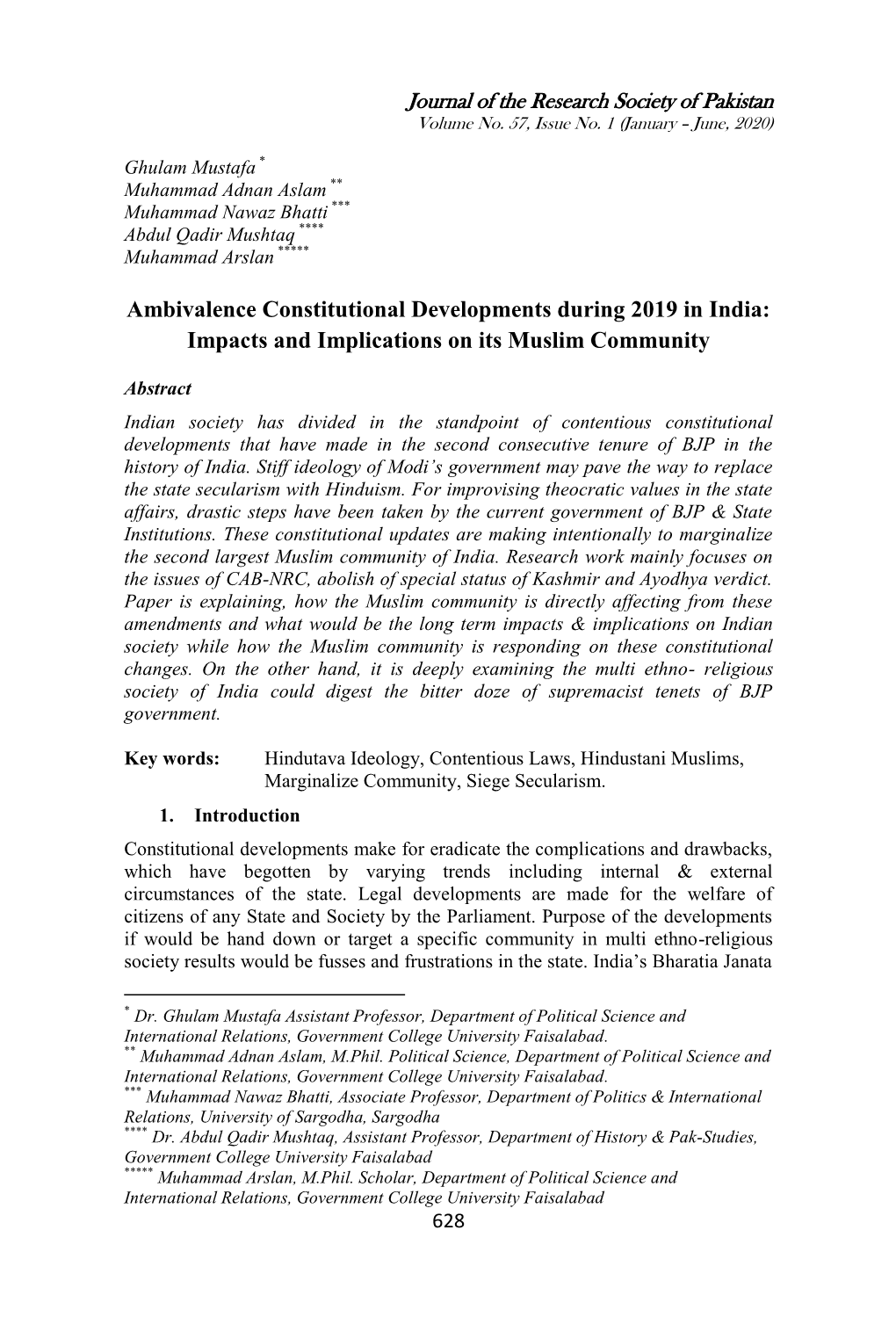 Ambivalence Constitutional Developments During 2019 in India: Impacts and Implications on Its Muslim Community