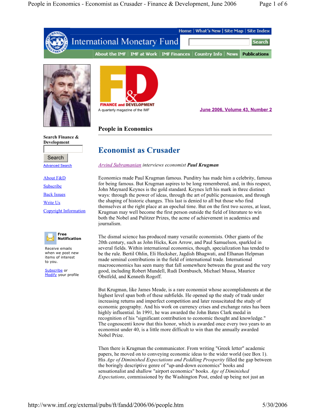 Economist As Crusader - Finance & Development, June 2006 Page 1 of 6