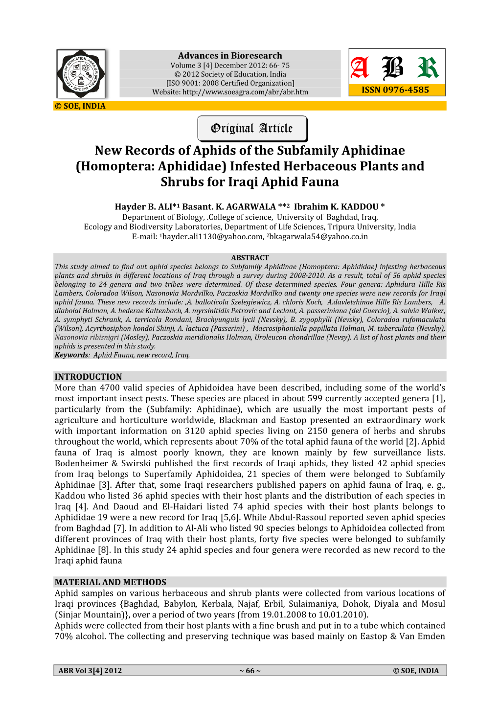 New Records of Aphids of the Subfamily Aphidinae (Homoptera: Aphididae) Infested Herbaceous Plants and Shrubs for Iraqi Aphid Fauna