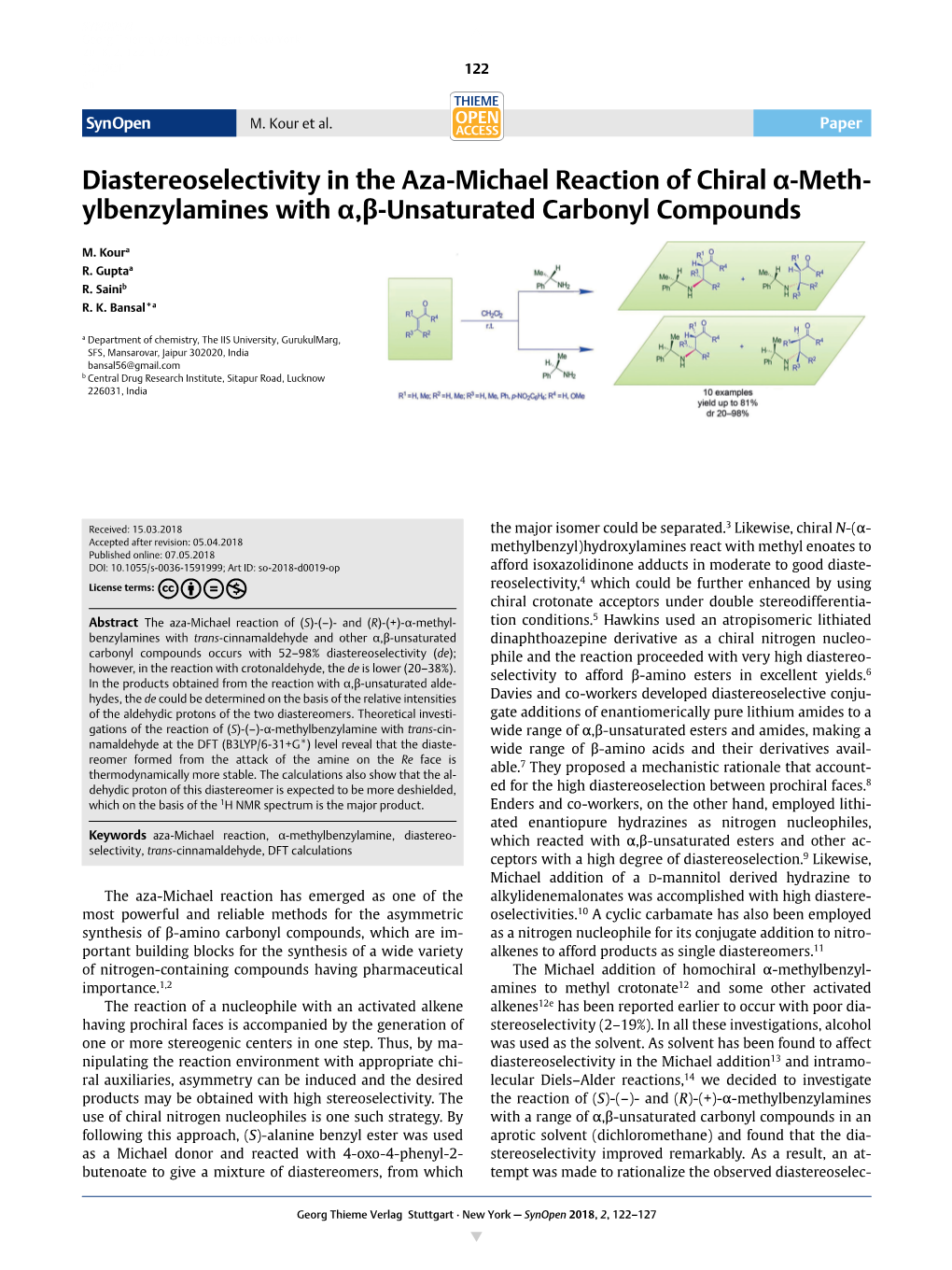 Diastereoselectivity in the Aza-Michael Reaction of Chiral Α-Meth- Ylbenzylamines with Α,Β-Unsaturated Carbonyl Compounds