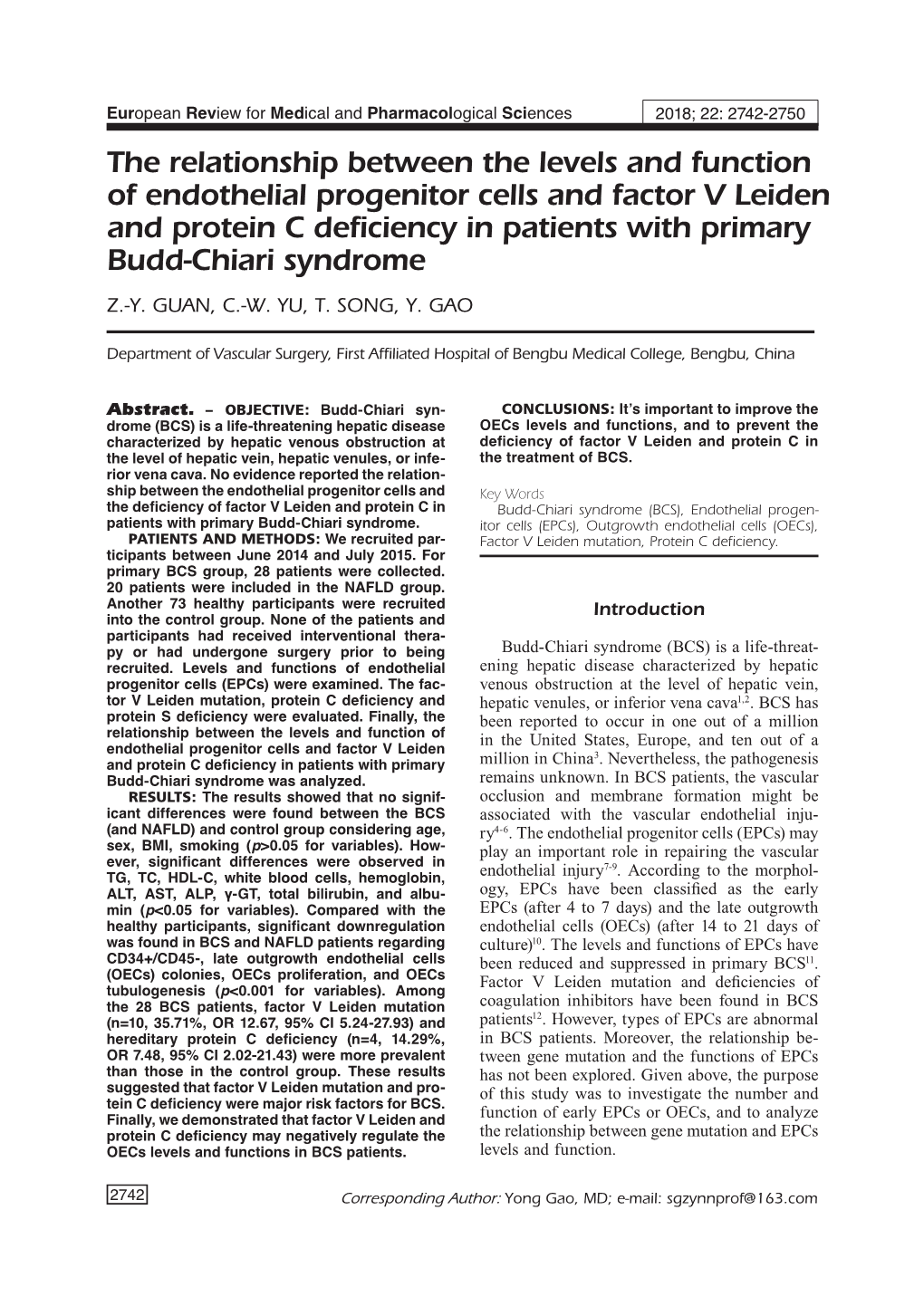 The Relationship Between Epcs and Factor V Leiden and Protein C Deficiency in Patients with BCS