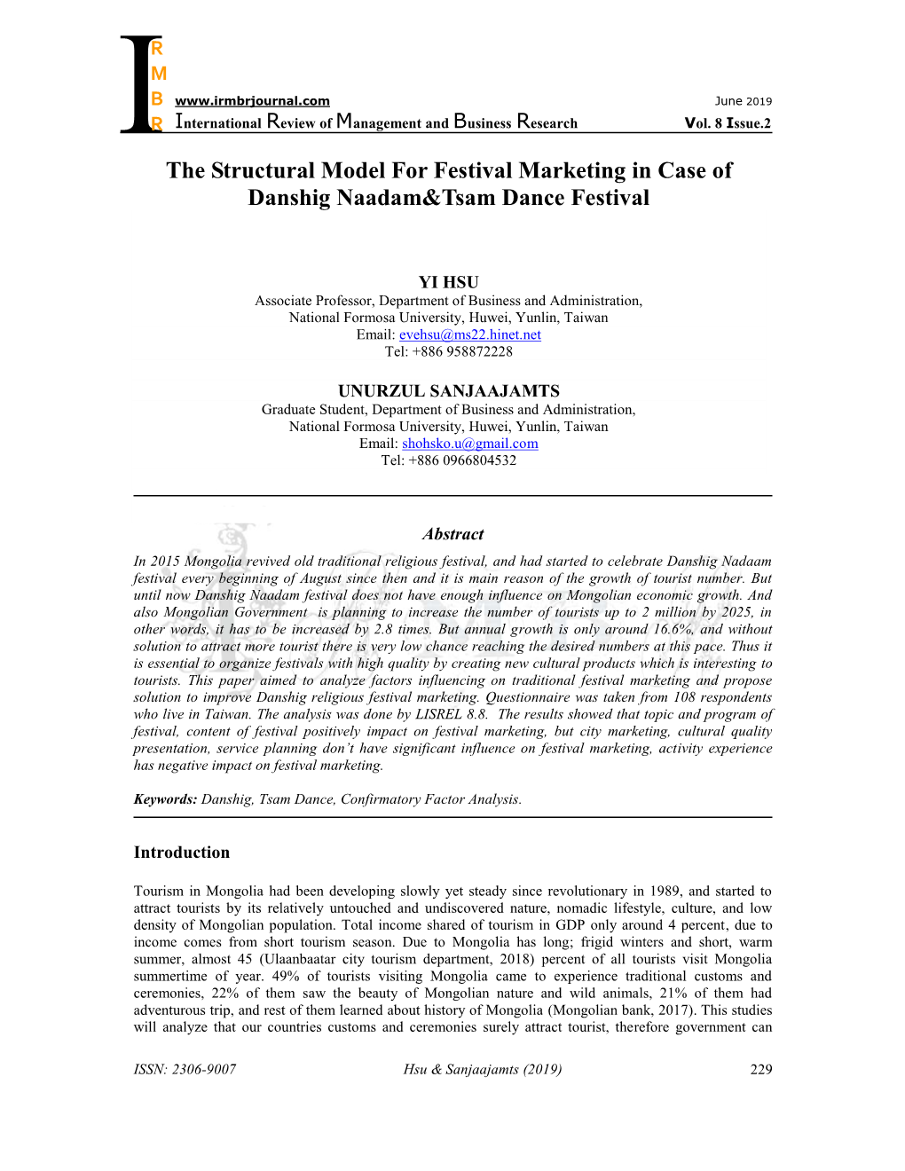 The Structural Model for Festival Marketing in Case of Danshig Naadam&Tsam Dance Festival