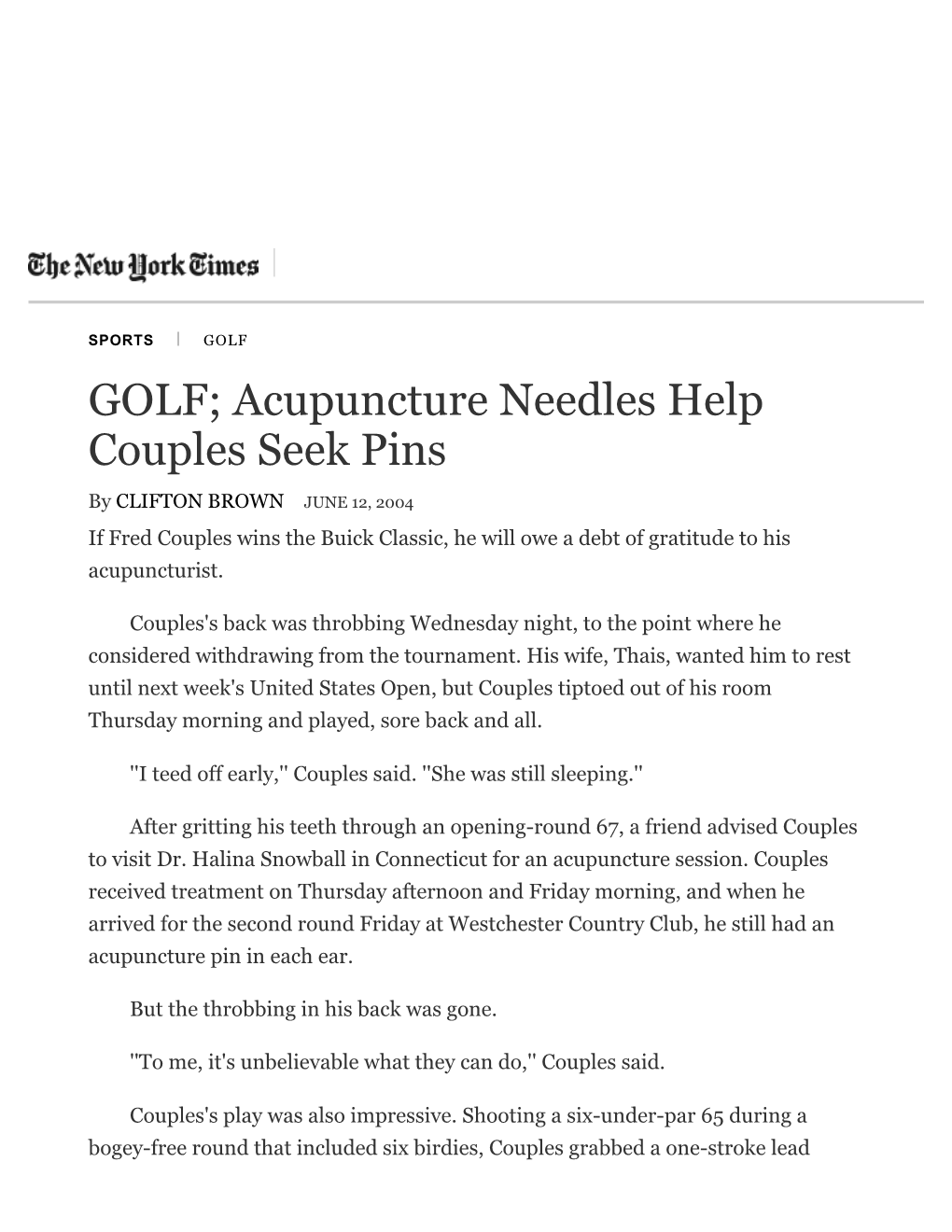 GOLF; Acupuncture Needles Help Couples Seek Pins