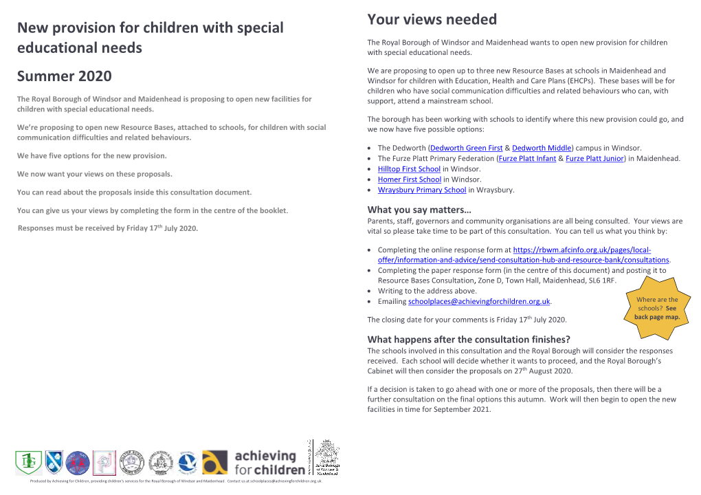 New Provision for Children with Special Educational Needs Summer 2020