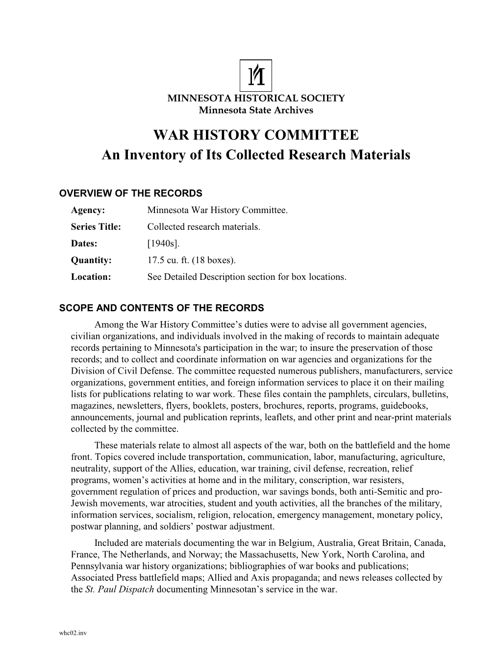 WAR HISTORY COMMITTEE an Inventory of Its Collected Research Materials