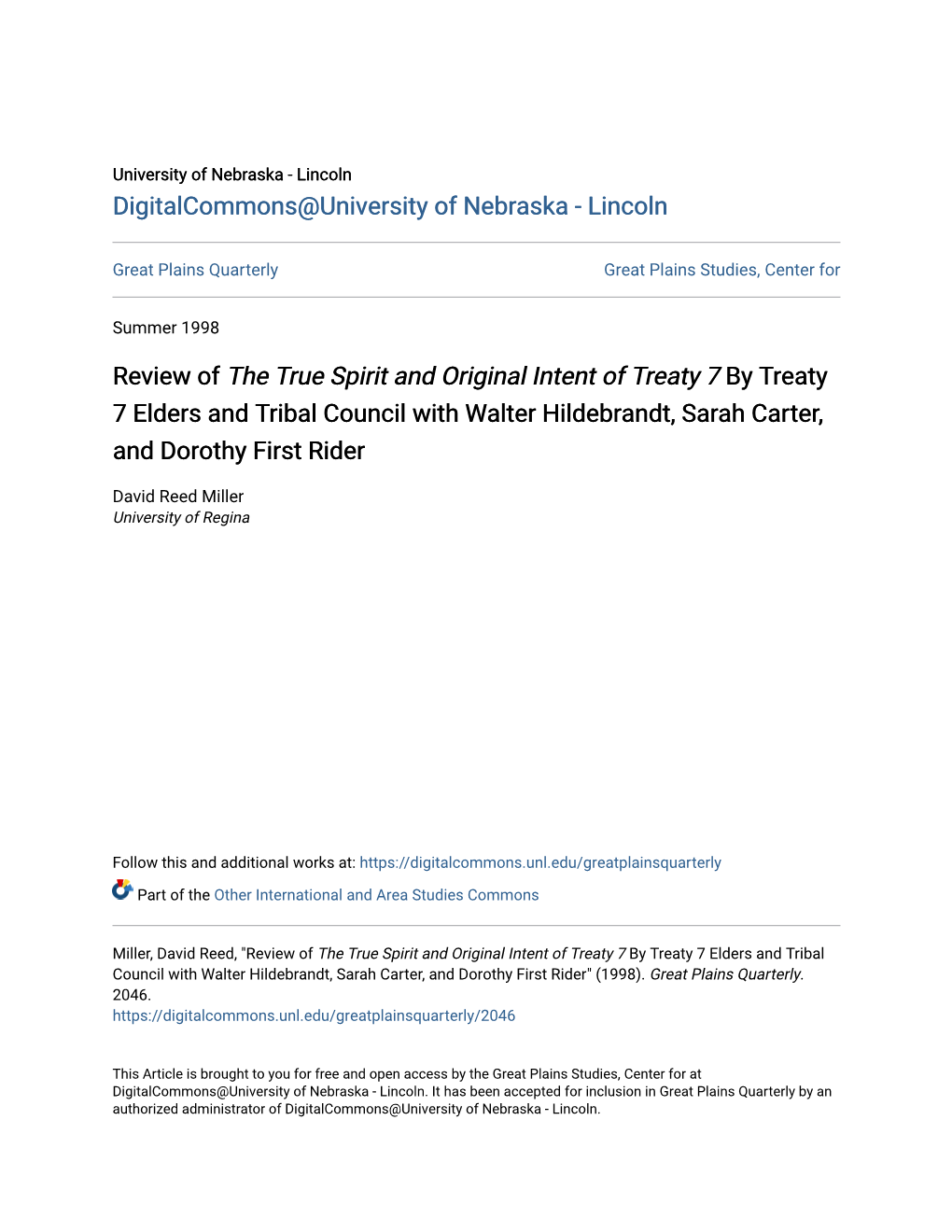 Review of the True Spirit and Original Intent of Treaty 7 by Treaty 7 Elders and Tribal Council with Walter Hildebrandt, Sarah Carter, and Dorothy First Rider