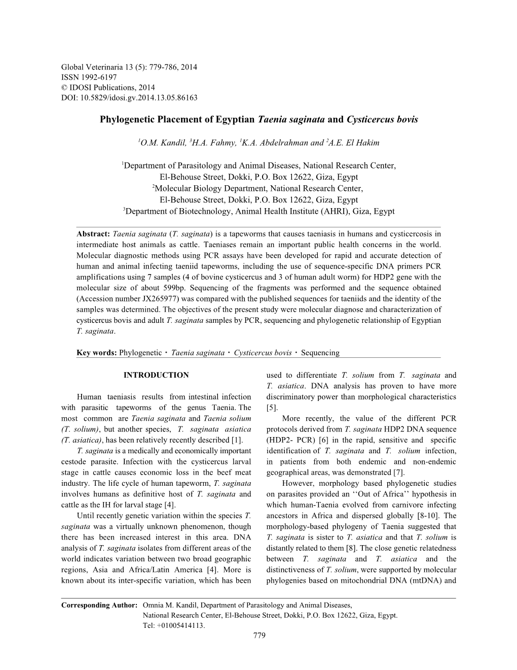 Phylogenetic Placement of Egyptian Taenia Saginata and Cysticercus Bovis