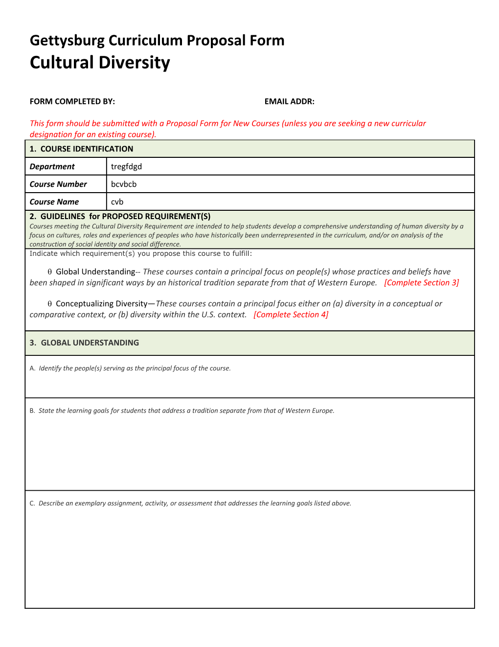 Gettysburg Curriculum Proposal Form