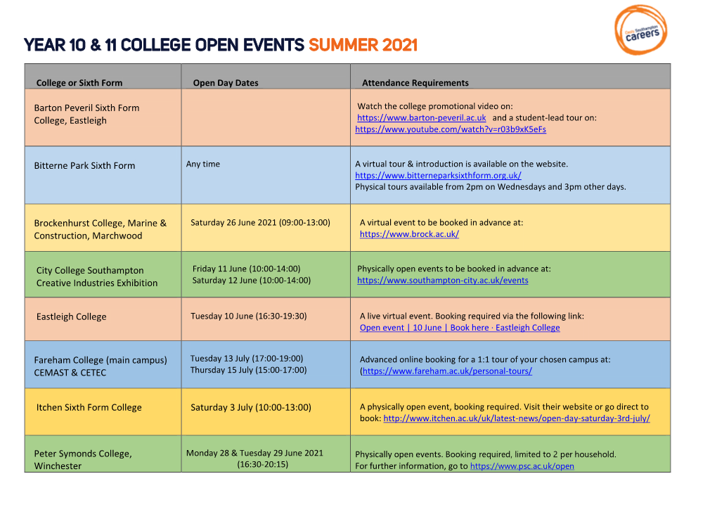 College Open Events Calendar Summer 2021