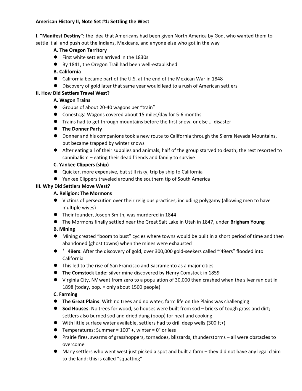 American History II, Note Set #1: Settling the West