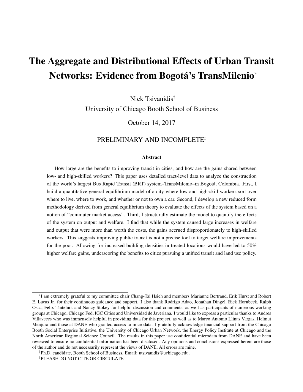 The Aggregate and Distributional Effects of Urban Transit Networks: Evidence from Bogotá's Transmilenio