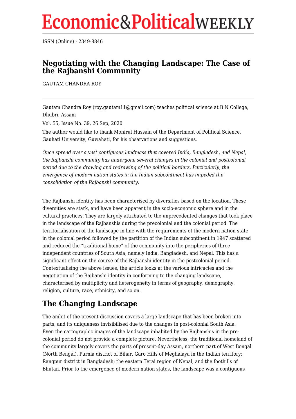 The Case of the Rajbanshi Community the Changing Landscape