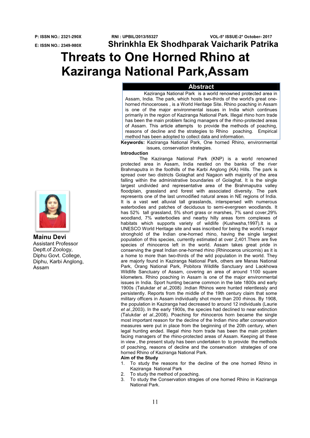 Threats to One Horned Rhino at Kaziranga National Park, Assam
