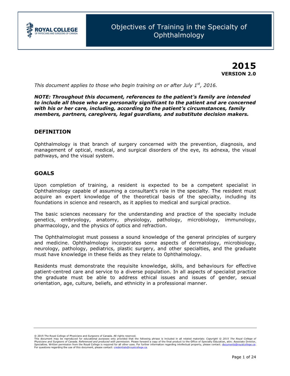 Objectives of Training in the Specialty of Ophthalmology