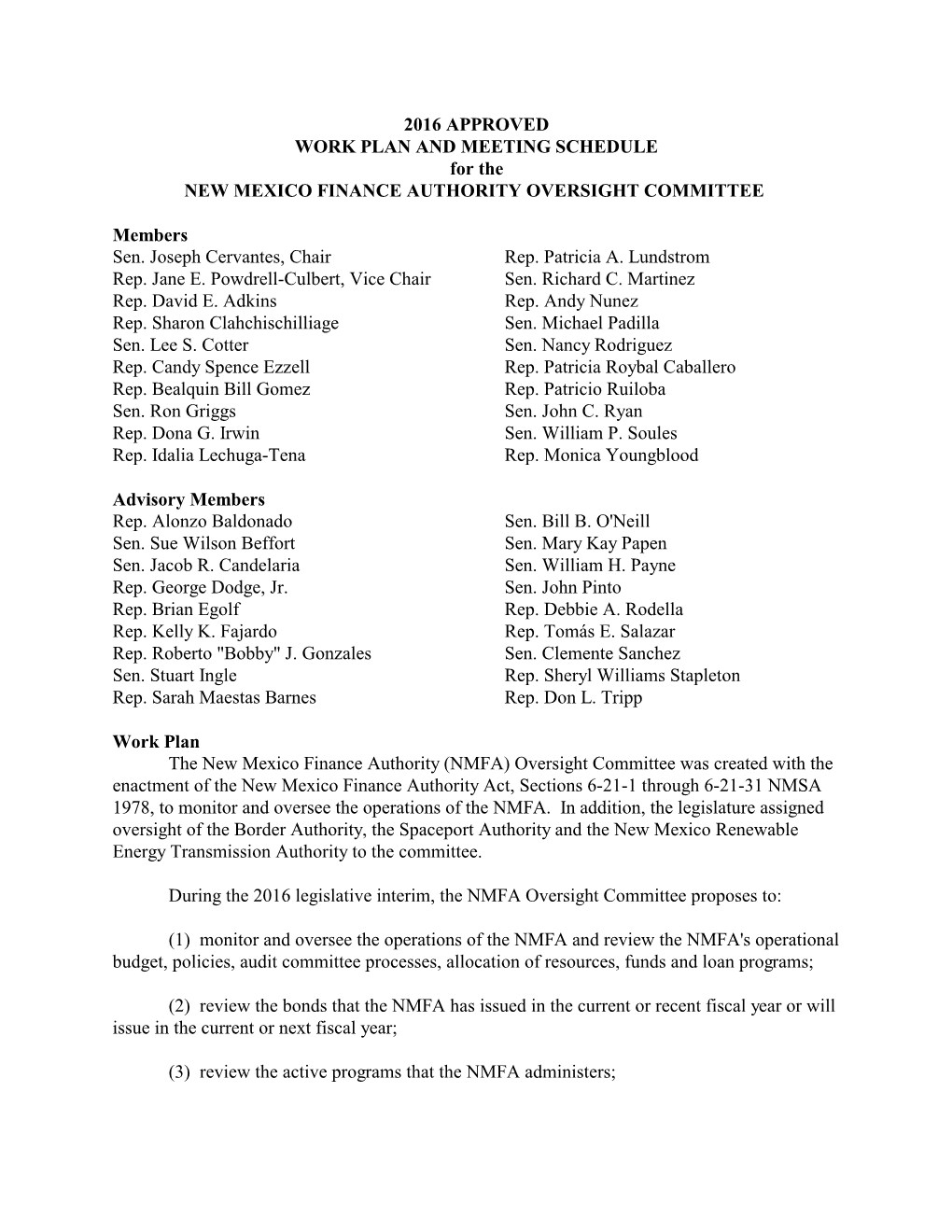 2016 APPROVED WORK PLAN and MEETING SCHEDULE for the NEW MEXICO FINANCE AUTHORITY OVERSIGHT COMMITTEE