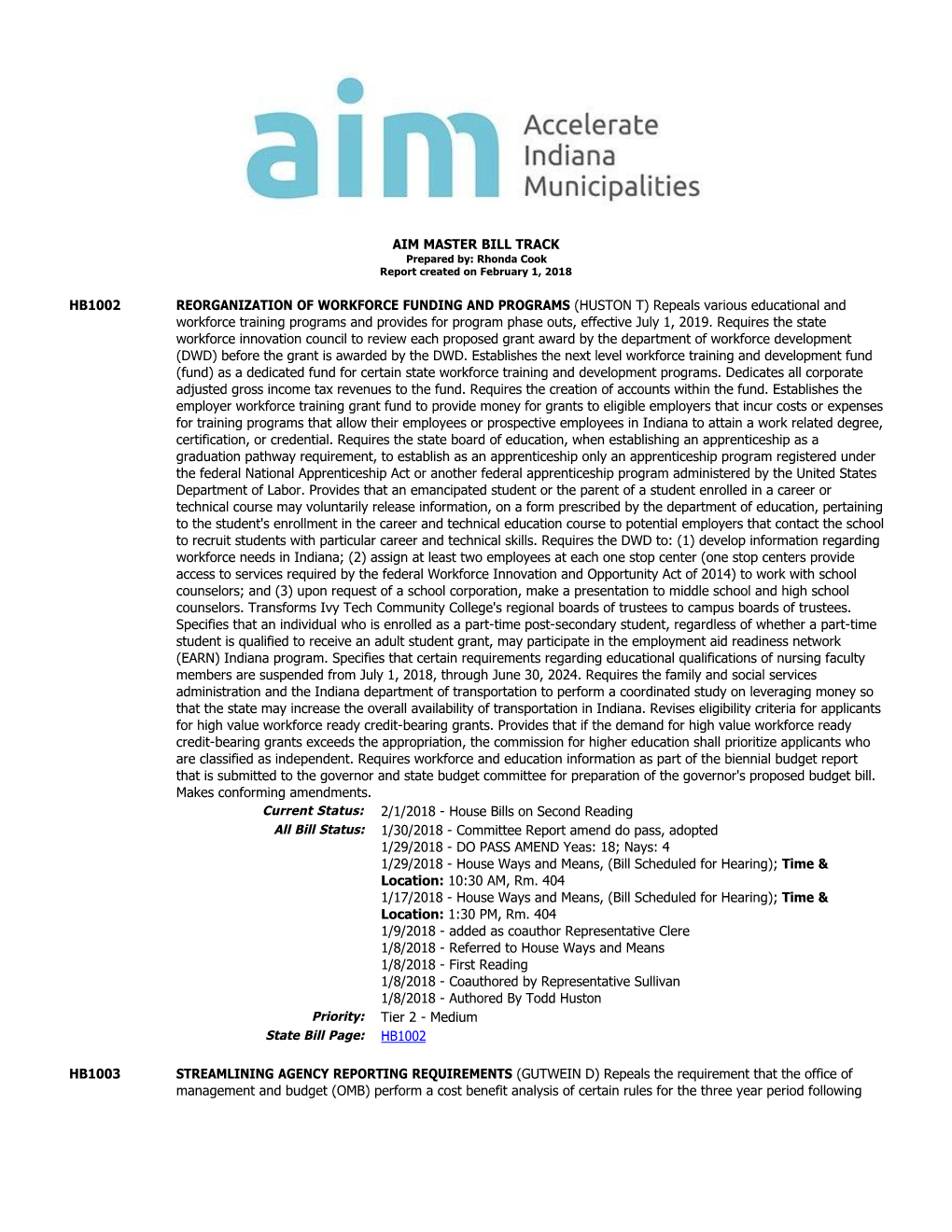 Aim Master Bill Track Hb1002 Reorganization Of