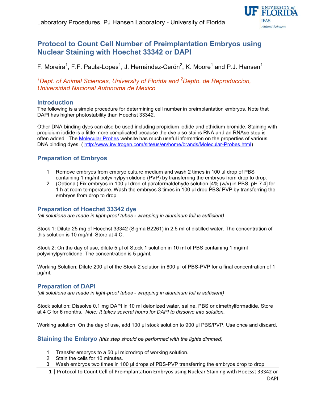 Protocol to Count Cell Number of Preimplantation Embryos Using Nuclear Staining with Hoechst 33342 Or DAPI