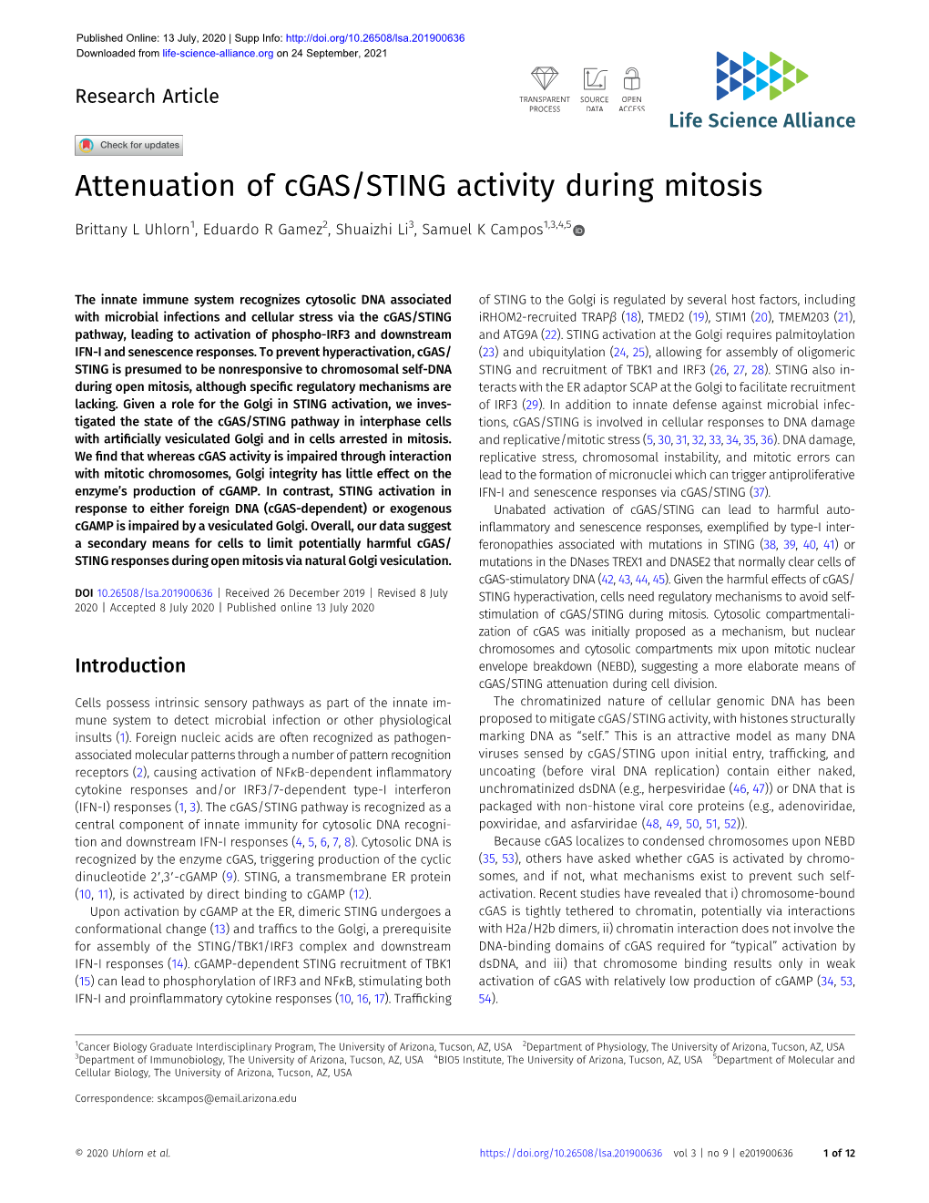 Attenuation of Cgas/STING Activity During Mitosis